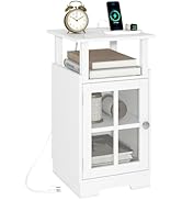 Nightstand with Charging Station,White End Table Modern Side Table with USB Ports and Outlets, Mi...