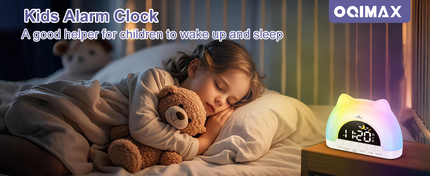 Child sleeping with teddy bear next to colorful triangle-shaped alarm clock. Clock displays time and emits soft, rainbow-colored light. Product aims to assist children's sleep routines.