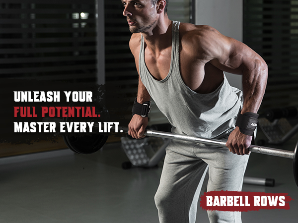 A lifter uses the weight lifting wrist straps to maintain a secure grip during heavy barbell rows.