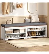 UPOSOJA 60" Farmhouse 2-Tier Storage Bench with Drawer, Entryway Bench &amp; End of Bed, Lift-Top Sto...
