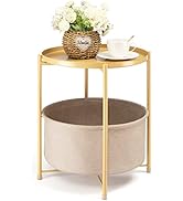 danpinera Round Side Table with Fabric Storage Basket, Metal Side Table Small Bedside Table Night...