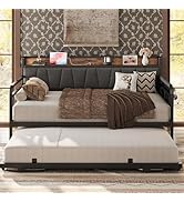 LIKIMIO Daybed with Trundle Bed, Twin Bed Frame with Storage Headboard and Charging Station, Sofa...