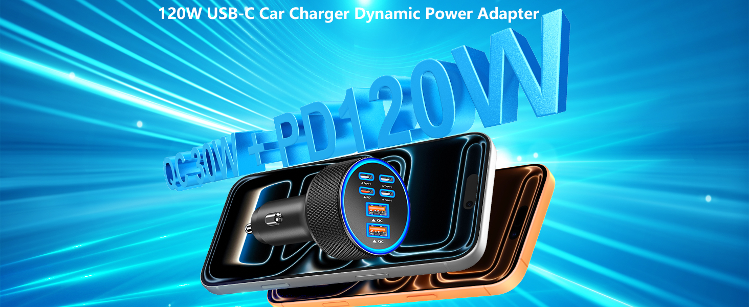 MFi Certified iPhone 17 Car Charger 6Port 120W USB-C+USB-A Power Cigarette Lighter USB-C Car Charger