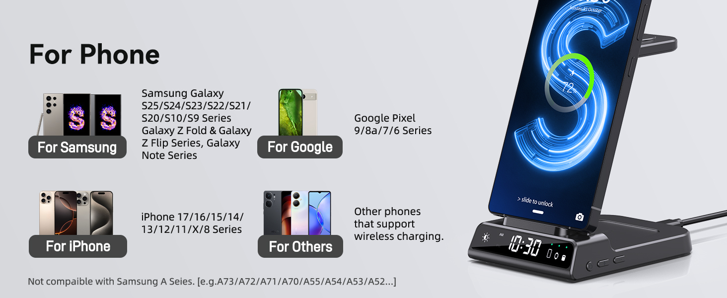Text reads 'For Phone'. Technical product images showing a charging device with blue glowing elements and multiple viewing angles of installation process.