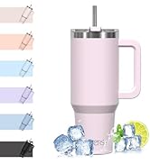 Insulated tumbler with handle and straw in light pink. Features stainless steel top, shown with ice cubes and lemon slice. Side panel displays color options.