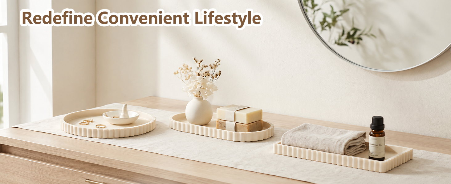 Text reads "Redefine Convenient Lifestyle". Minimalist white desk setup with circular mirror, woven storage basket, perfume bottle, and decorative plant on light wood surface against white wall.