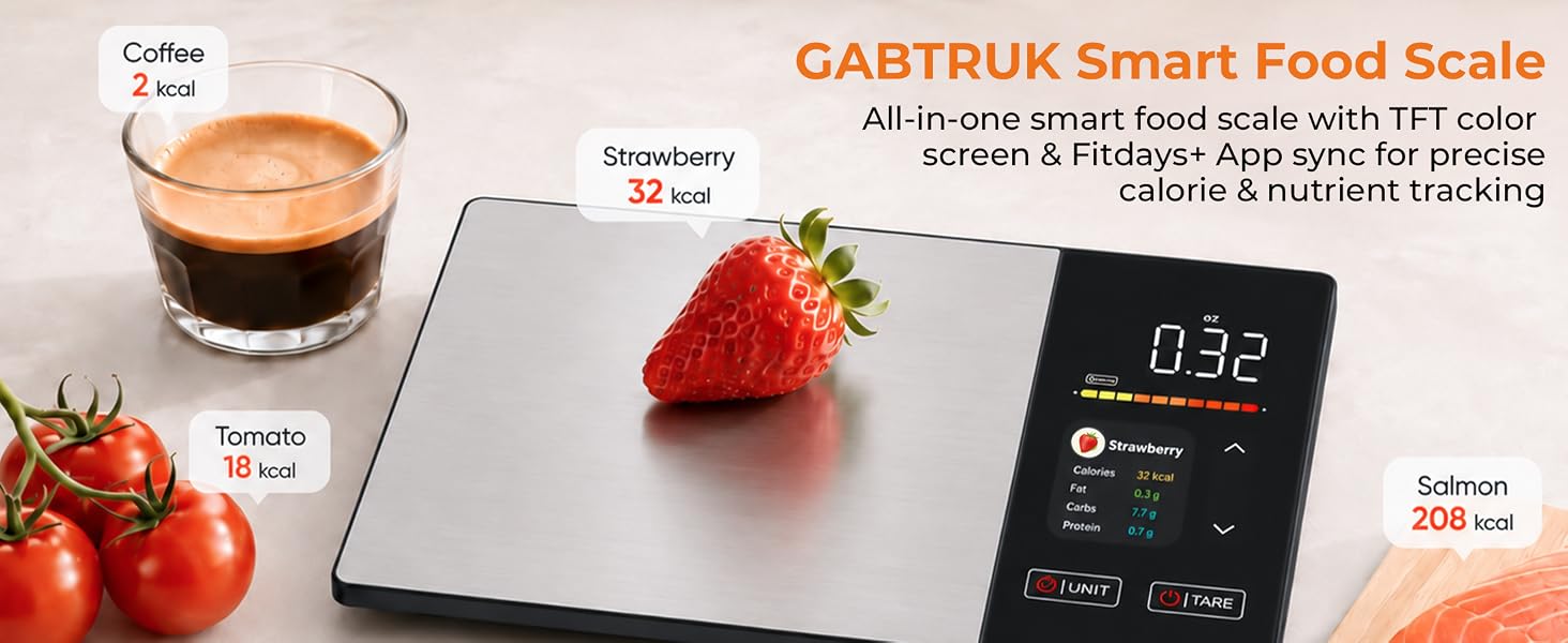 GABTRUK digital kitchen scale sync Fitdays App track food calories nutrients