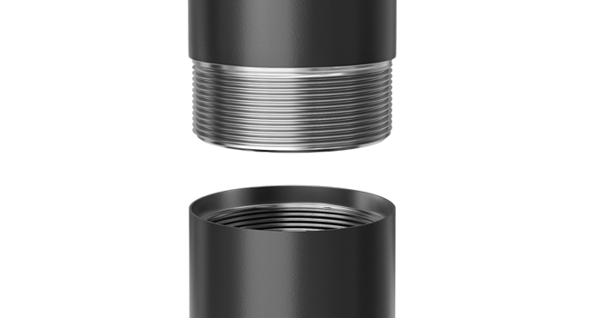 Black metal threaded adapter or connector pieces shown separately, featuring precise grooved patterns and matte finish.