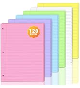 120 Sheets Colored 8x10.5 Inch Loose Leaf Paper, 6 Colored College Ruled 3 Hole Punched Notebook ...