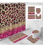 Litabel 4 Pcs Hot Pink Leopard Print Shower Curtain Set with Non-Slip Rugs, Toilet Lid Cover and ...