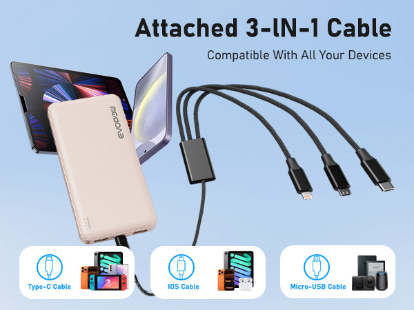 Ultra Slim and small 10000mAh Power bank with 3 in 1 cable