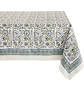 ATOSII Clover Blue 100% Cotton Rectangle Fall Tablecloth, Handblock Floral Linen Table Cloth for ...