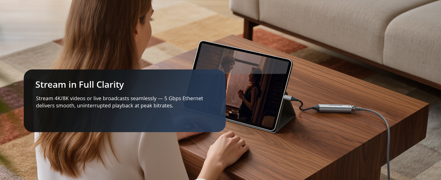 A Woman Is Streaming 4K 8K Video on Her iPad Using the USB-C to Ethernet Adapter