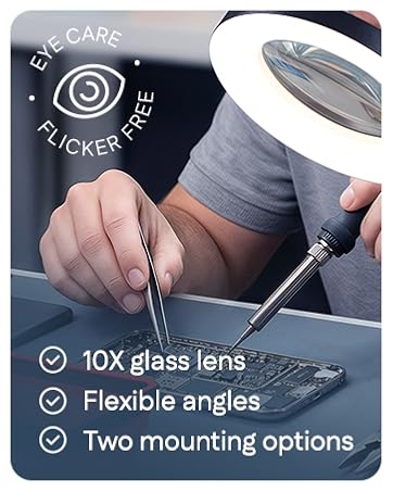 User-friendly button controls on a magnifying desk lamp for easy lighting adjustment.
