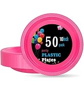 WELLIFE 10 Inch Plastic Plates Hot Pink 50 Count Disposable Plate for Party, Large Big Plates for...