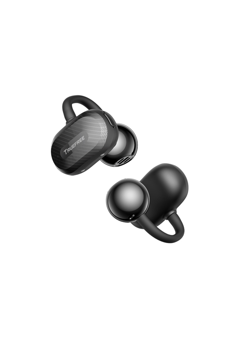 Two black wireless earbuds with ergonomic shape and silicone ear tips. One earbud shown from the side, the other from the front.