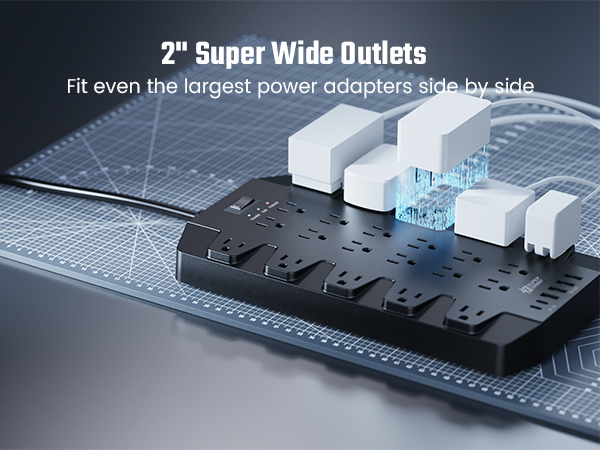 USB C Power Strip with 2" Super wide spaced outlets 