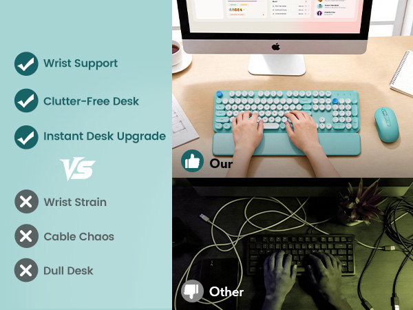 typing on wireless keyboard mouse with wrist rest clean desk setup compared to messy wired keyboard