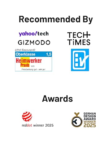 Text reads: 'Recommended By' with logos from Yahoo Tech, Gizmodo, Tech Times, and award emblems including reddot winner 2025 and German Design Award 2025.