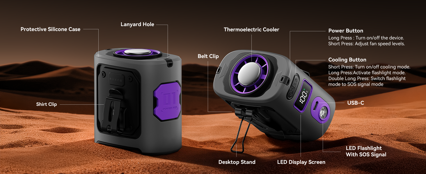 The fan features a dual-clip design, cooling and airflow buttons, shockproof protective case