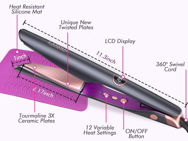Text reads: 'Heat Resistant Glove', 'Unique Non-Slip Handle Plates', 'LCD Display', '360° Swivel Cord', 'Tourmaline 3D Ceramic Plates', '12 Variable Heat Settings', 'ON/OFF Button'. Hair straightener with purple and black design, featuring ceramic plates, digital display, and heat-resistant glove.