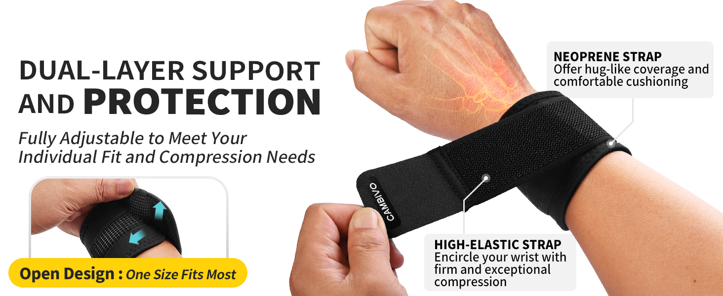 Black wrist support brace with dual-layer design and elastic strap, featuring adjustable compression and open design for flexibility.