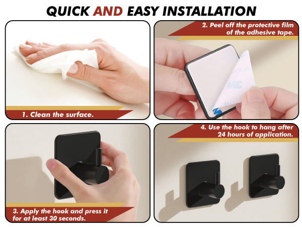 Quick no-drill installation: clean surface, peel film, press firmly, wait 24 hours before use