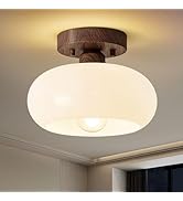 WOKNOS Mid-Century Modern Semi Flush Mount Ceiling Light, Faux Walnut Wood Kitchen Light Fixtures...