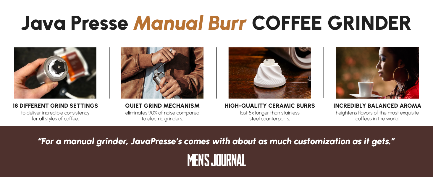 JavaPresse Manual Coffee Grinder has 18 different settings, quiet grind mechanism and ceramic burrs
