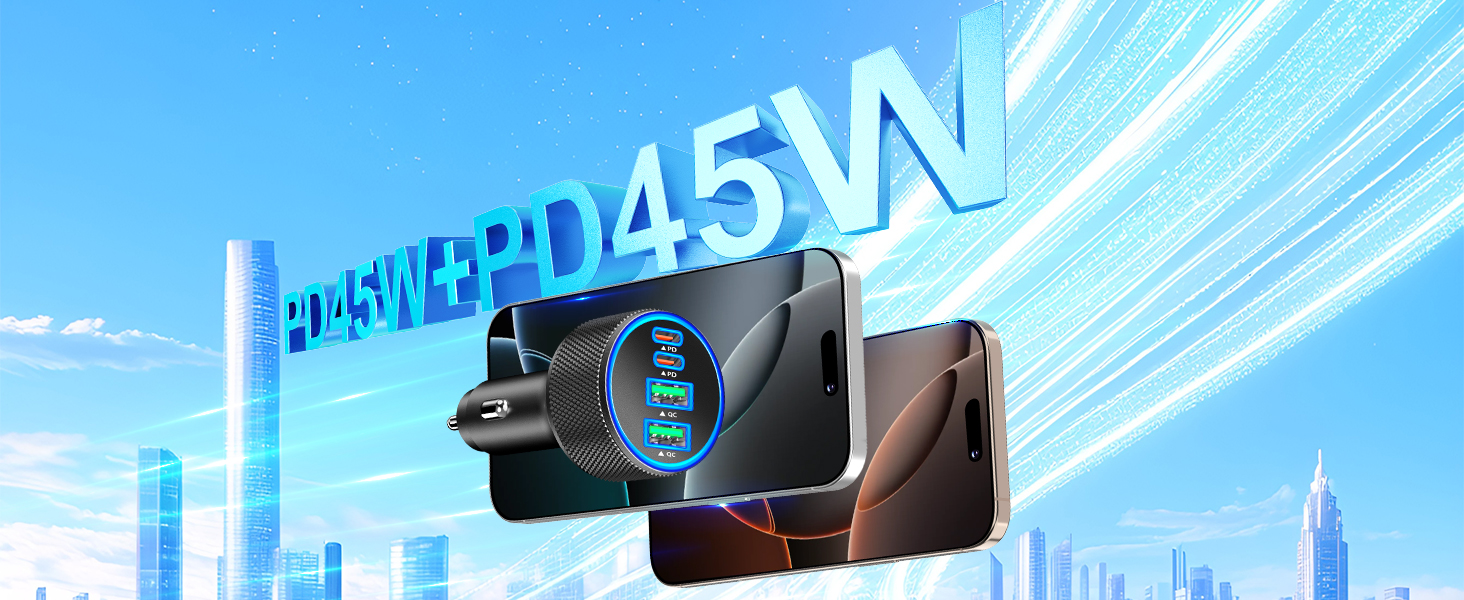 MFi Certified 4-Port 90W USB-C/USB-A Power Cigarette Lighter PD/QC USB-C Car Charger for iPhone 17