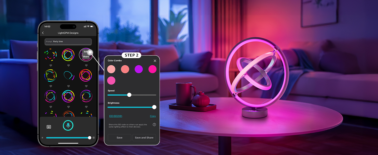 Circular neon light with atom symbol on table, flanked by smartphones displaying colorful app interfaces. Room lit with ambient purple and blue lighting.