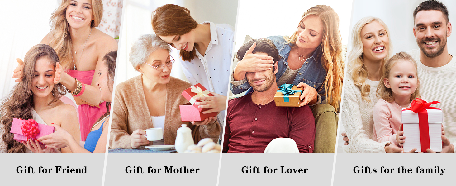Collage of gift-giving scenarios: friends exchanging gifts, mother receiving a gift, couple sharing a gift, and family opening presents together.