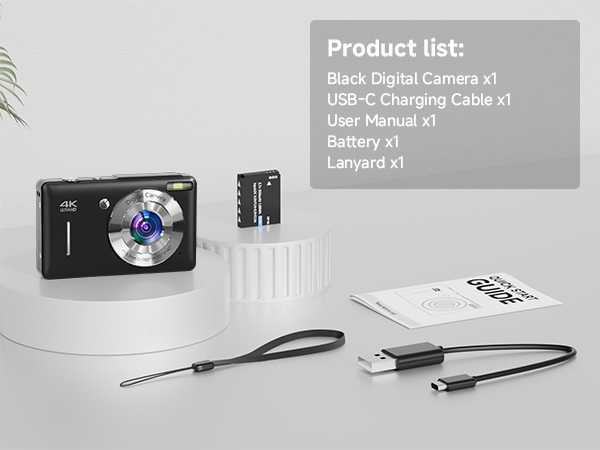 package include Black Digital Camera x1 USB-C Charging Cable x1 User Manual x1 Battery x1Lanyard x1