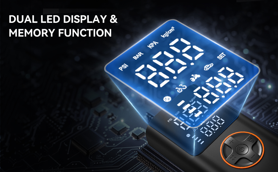 dual display tire inflator with memory