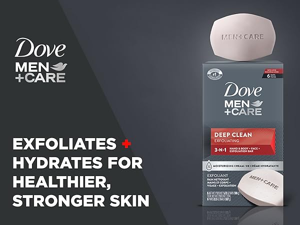 Dove Men+Care cleansing bar and packaging piled up against dark gray background with text.