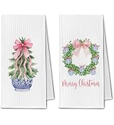 ChissNook Chinoiserie Christmas Tree Kitchen Towels, Coquette Pink Bow Xmas Dish Towels for Kitch...