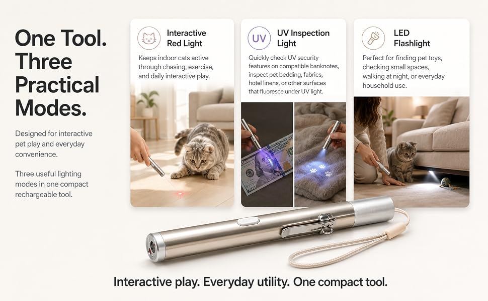 USB rechargeable cat laser toy with red laser, UV inspection light, and LED flashlight modes