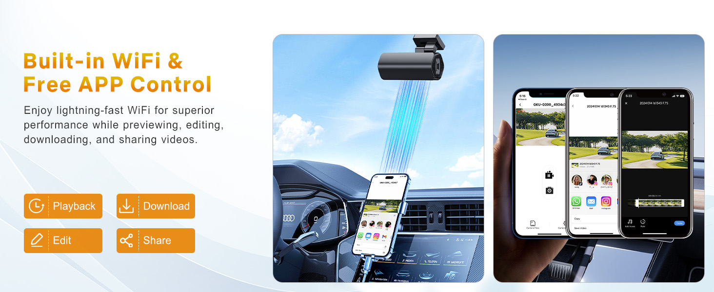 Text reads 'Built-in WiFi &amp; Free APP Control'. Multiple phone screens showing app interface and wireless device control functionality.
