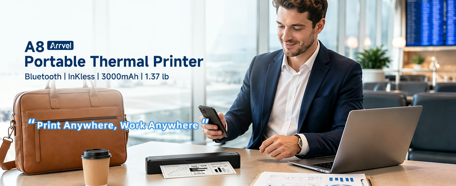 Business traveler uses the portable thermal printer with smartphone and laptop in an airport lounge