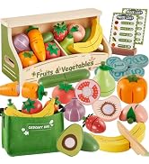 BUYGER Pretend Play Cutting Food Set for Kids Kitchen, Fruit and Vegetable Toy Accessories Grocer...