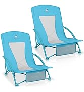 Low Beach Chairs 2 Pack,Folding Compact Low Seat Chairs for Adults w/Mesh Back,Cup Holder &amp; Stora...