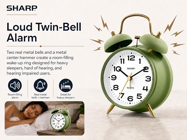 retro clock 50s 60s 70s analog twin bell loud alarm super loud battery powered wake up everytime