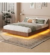 Evermagin Walnut Queen Floating Bed Frame with led Lights, Mid Century Modern Fluted Floating Pla...