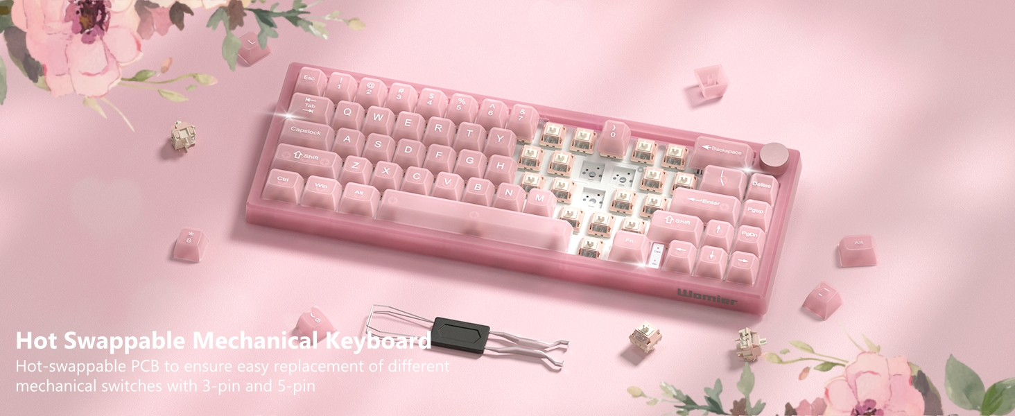 Womier 60% Gaming Keyboard Pink Transparent Jade, QMK/VIA Creamy Mechanical Keyboard