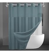 SORTTO No Hook Slub Textured Shower Curtain with Snap in Liner - Stone Blue Fabric Outer Curtain ...