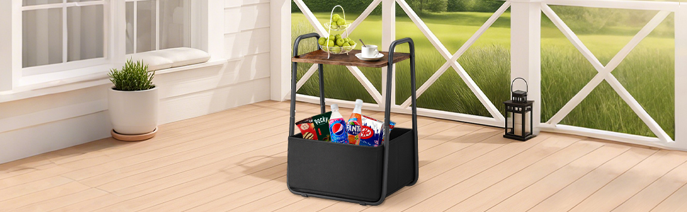 put the side table outdoor,and put snacks in the fabric drawer