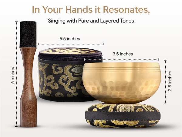 Brass Tibetan singing bowl showing size and handcrafted details