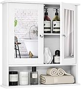 Tangkula Bathroom Cabinet Wall Mounted with Double Mirror Doors, Wood Hanging Cabinet with Doors ...