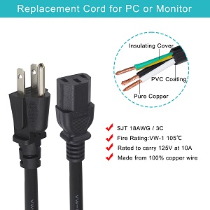 12FT Computer Monitor Replacement Power Cord -Black Long Standard PC Replace AC Power Cord
