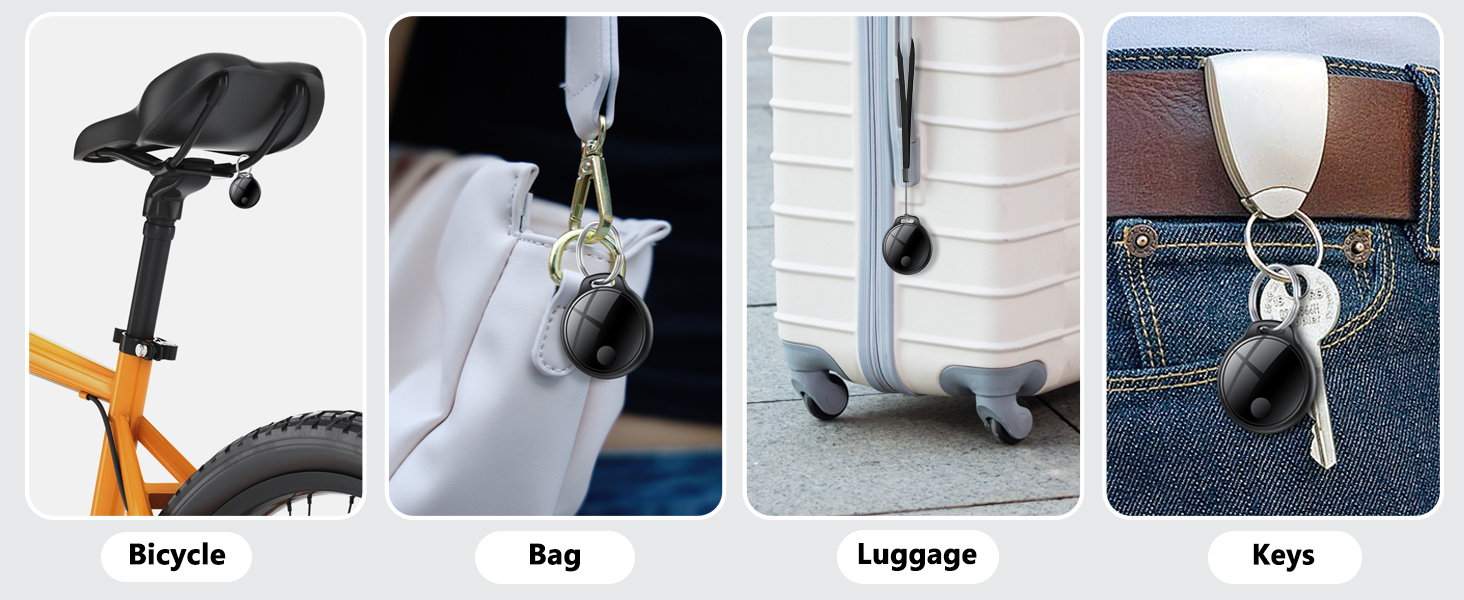 Text labels: 'Bicycle', 'Bag', 'Luggage', 'Keys'. Multiple panel demonstration of magnetic key holder usage scenarios with various items.